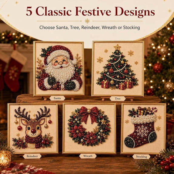 Christmas Pearl Diamond Art Kit with Frame, Pearl Bead Painting Craft for Adults, Holiday Home Wall Decor Project, Relaxing Gemstone Art Kit for Seasonal Decorating (E)