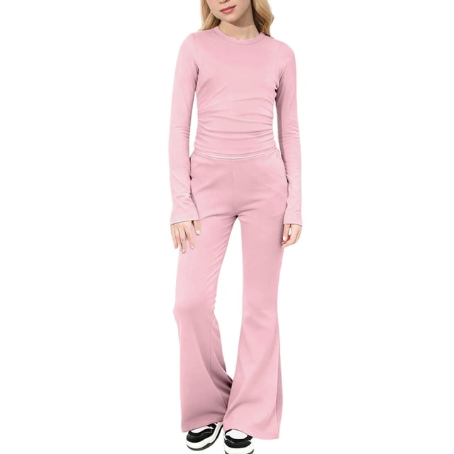 HAiming Ensemble 2 Pcs pour Filles, Manches Longues, Col Rond, Haut à Enfiler, Pantalon Évasé, Tenue Unie