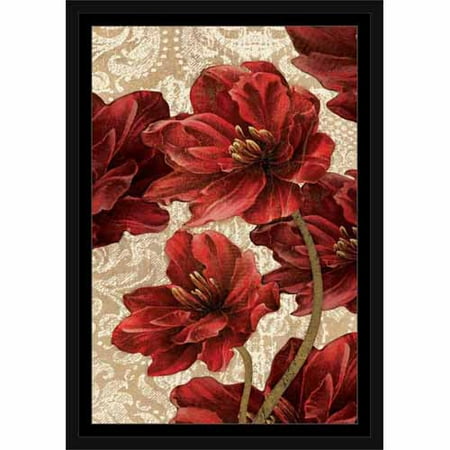 Red Flower Painting - Flower Bunch on Textured Damask Pattern Painting Red & Tan, Framed Canvas Art by Pied Piper Creative