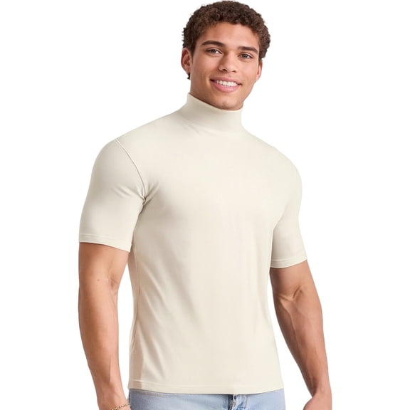 Breezora Men's Thermal Turtleneck T-Shirt Slim Fit Base Layer Short Sleeve Top for Spring and Autumn Comfort Wear L Size Beige