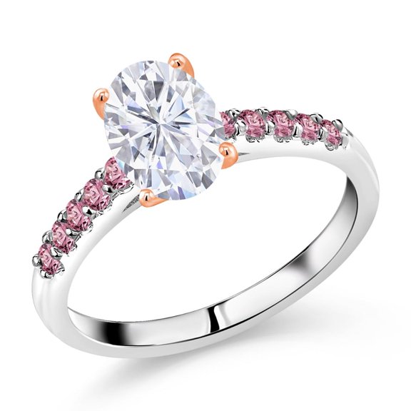 Gem Stone King 925 Sterling Silver Ring with 10K Rose Gold Prongs Pink Lab Grown Diamond Set with Moissanite (2.30 Cttw, Size 7)