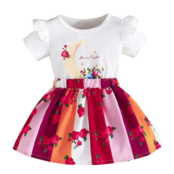 Icvfdpl Toddler Outfits For Girls Simple Moon Rose Short Sleeved T Sleeves + Rose Skirt 2 Piece Set Casual 18-24 Months