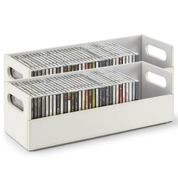 Stock Your Home 2- Pack CD Storage Box, Organizer Shelf for Movie Cases, DVDs, Cassette Tape Display Stand, Disc Holder Can Store Up to 40 CDs, Faux Leather (White with White Interior)