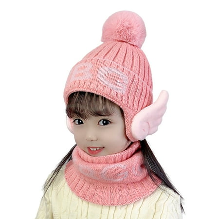 

DNDKILG Children Knitted Winter Cap Toddler Baby Ski Beanie with Scarf Pompom Hat for Girl Boy Pink 2Y~8Y