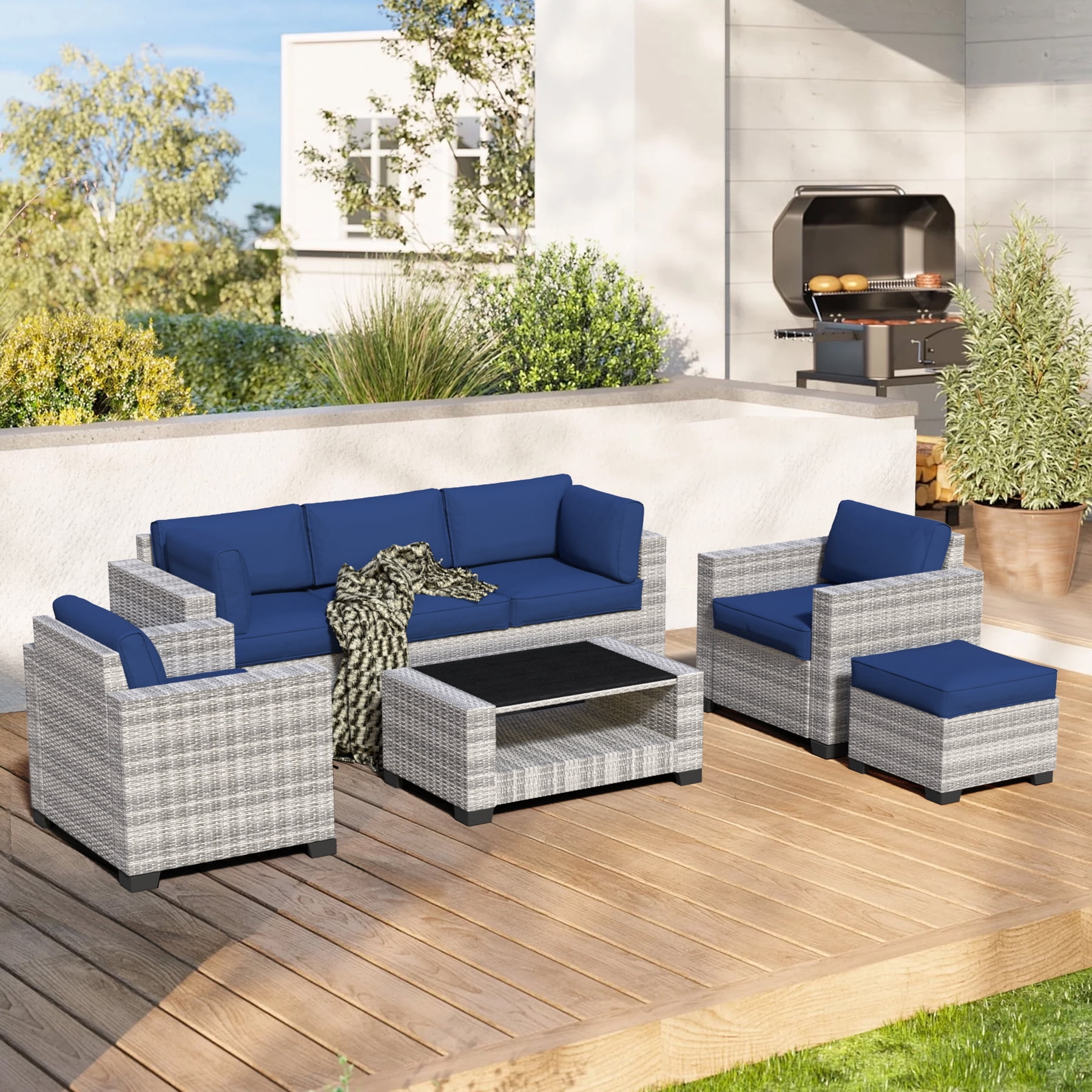 7-Piece Outdoor Patio Furniture Set, All-Weather Rattan Sectional Sofa with Waterproof Cushions & Tempered Glass Table, Perfect for Garden, Poolside, Backyard (Navy Blue)