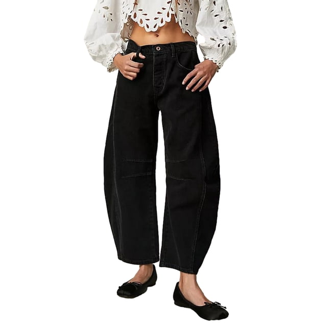 SUNSIOM Women Fashion Loose Jeans Solid Color Mid-Rise Barrel Denim Pants Spring Summer Casual Trousers Streetwear