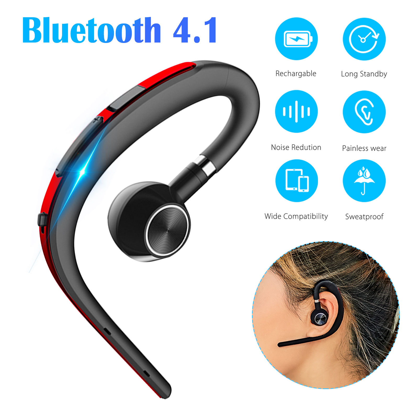 Bluetooth Headset, EEEKit Wireless Bluetooth 4.1 Earpiece Headphones Earphones Ear Hooks with Noise Cancelling Mic for Business/Office/Driving/Truck Support iPhone/Android Cell Phones