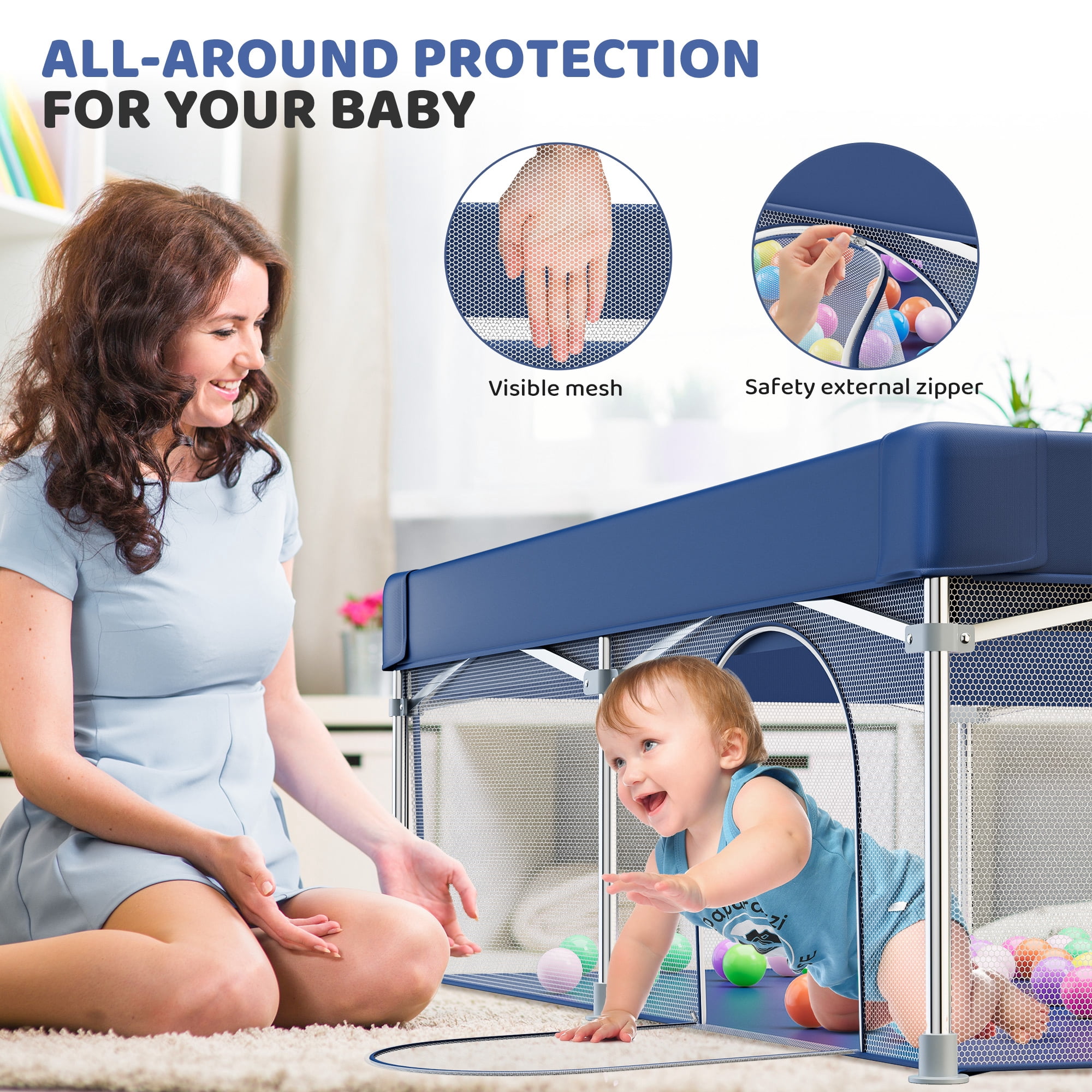 babyeap Foldable Baby Playpen,Playpens for Babies and Toddlers with Storage Bag,Indoor & Outdoor Baby Fence Play Pen Area,Navy Blue