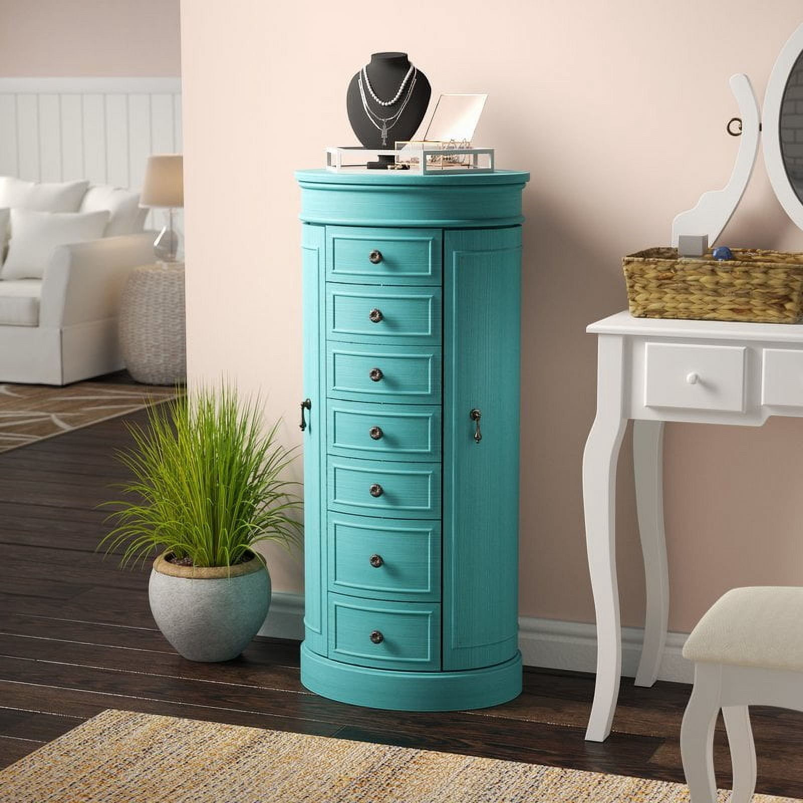 Hives & Honey Bailey Women's Adult Round Free Standing Jewelry Armoire, Vintage Style, Antique Turquoise