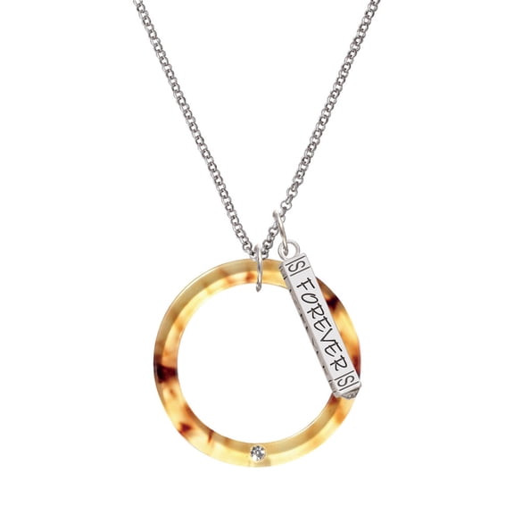 Delight Jewelry Acrylic 1 1/2" Ring with 4mm Crystal Mixed Brown and Yellow Silvertone Forever Bar Charm Necklace, 23"