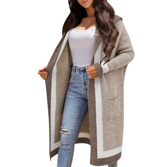 Fgnfyis Women's Casual Hooded Long Cardigan Sweater for Autumn and Winter Warm Long Cardigan Sweaters for Women Khaki S