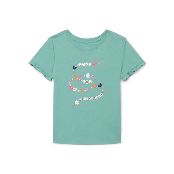 Wonder Nation Little Girls Short Ruffle Sleeve Graphic Tee, Sizes 4-10