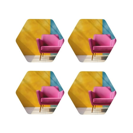 

KLL Drink Coasters Set Hexagon of 4 PU Leather Absorbent Coasters Set Decorative Coffee Cup Coasters Housewarming Gift for Home Decor-Bright Pink Chair