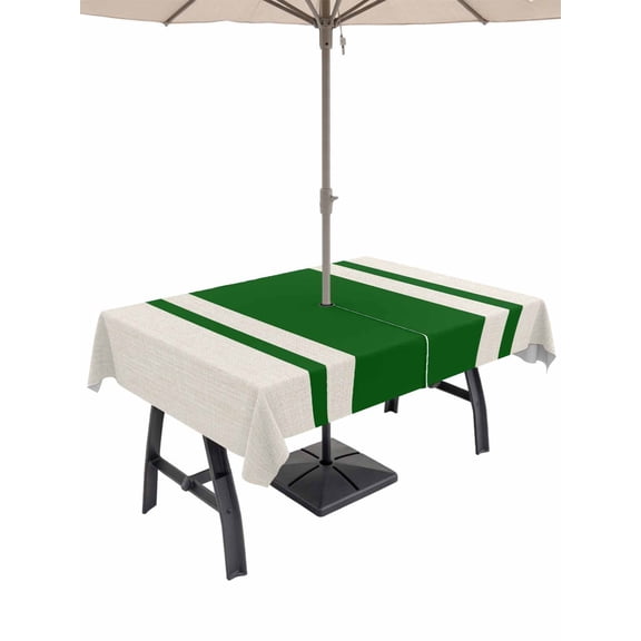 Outdoor Tablecloth with Umbrella Hole and Zipper, Green Vintage Rectangle Table Cloth 60x102 Inch Waterproof Tablecloth, Geometric Stripes Simple Lines Picnic Table Cover for Patio Camping
