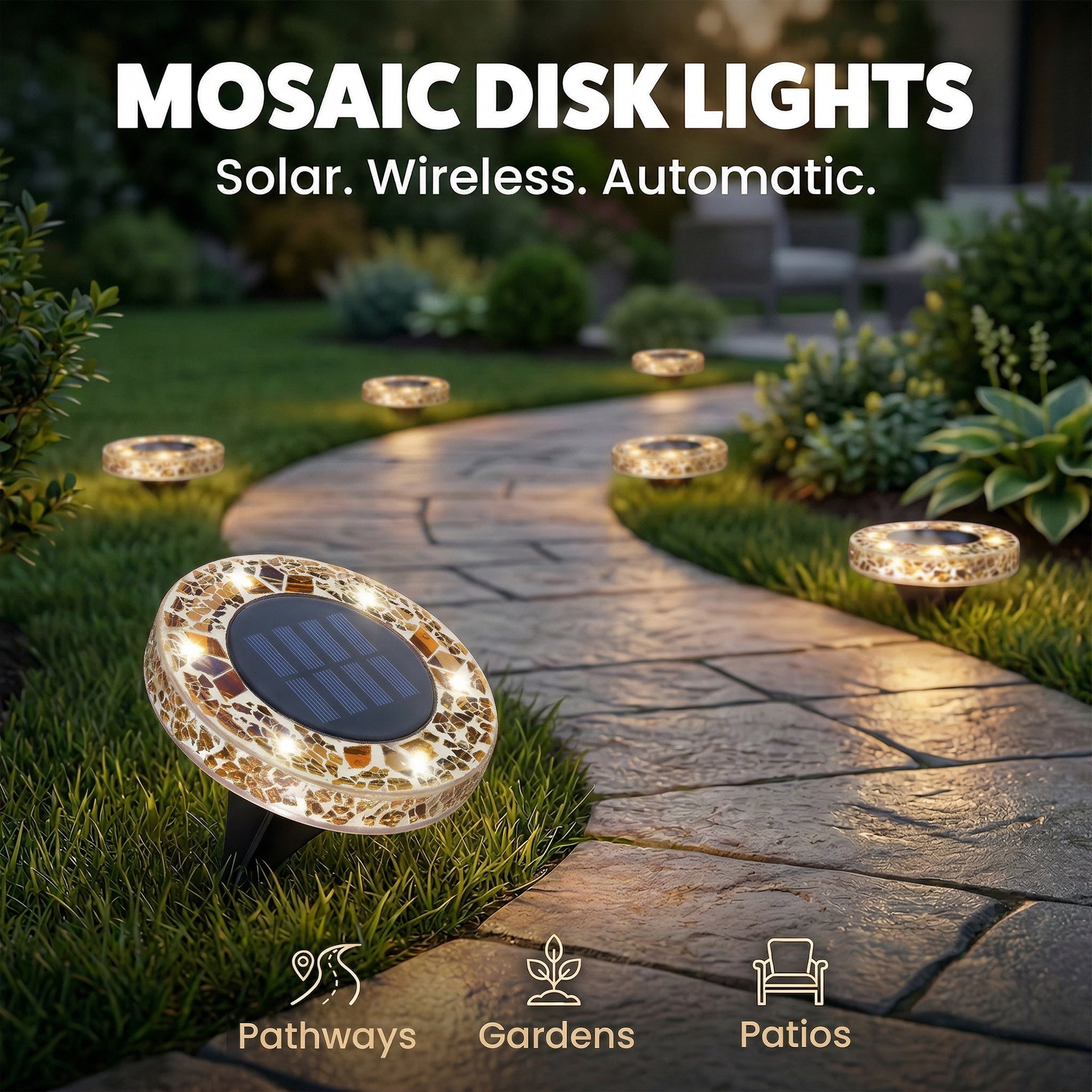 Bell+Howell Solar Outdoor Mosaic Disk Lights, 4 Pack Ultra-Premium Glass Decorative Pathway, Solar Outdoor Waterproof Disk, LED Pathway, Auto On/Off Lights - Tan