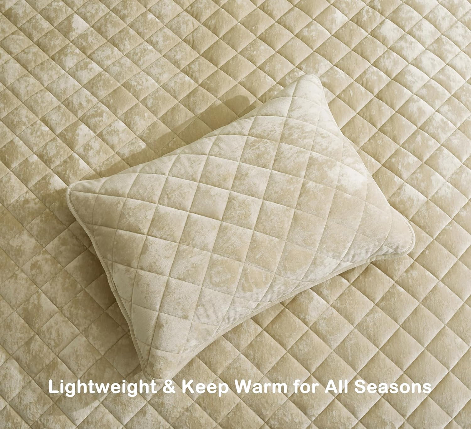Chezmoi Collection Lux Beige Velvet Quilt Queen Set, 3-Piece Lush Plush Distressed Velvet Bedding All Season Lightweight Bedspread Brushed Microfiber Reverse with Diamond Stitch Quilting