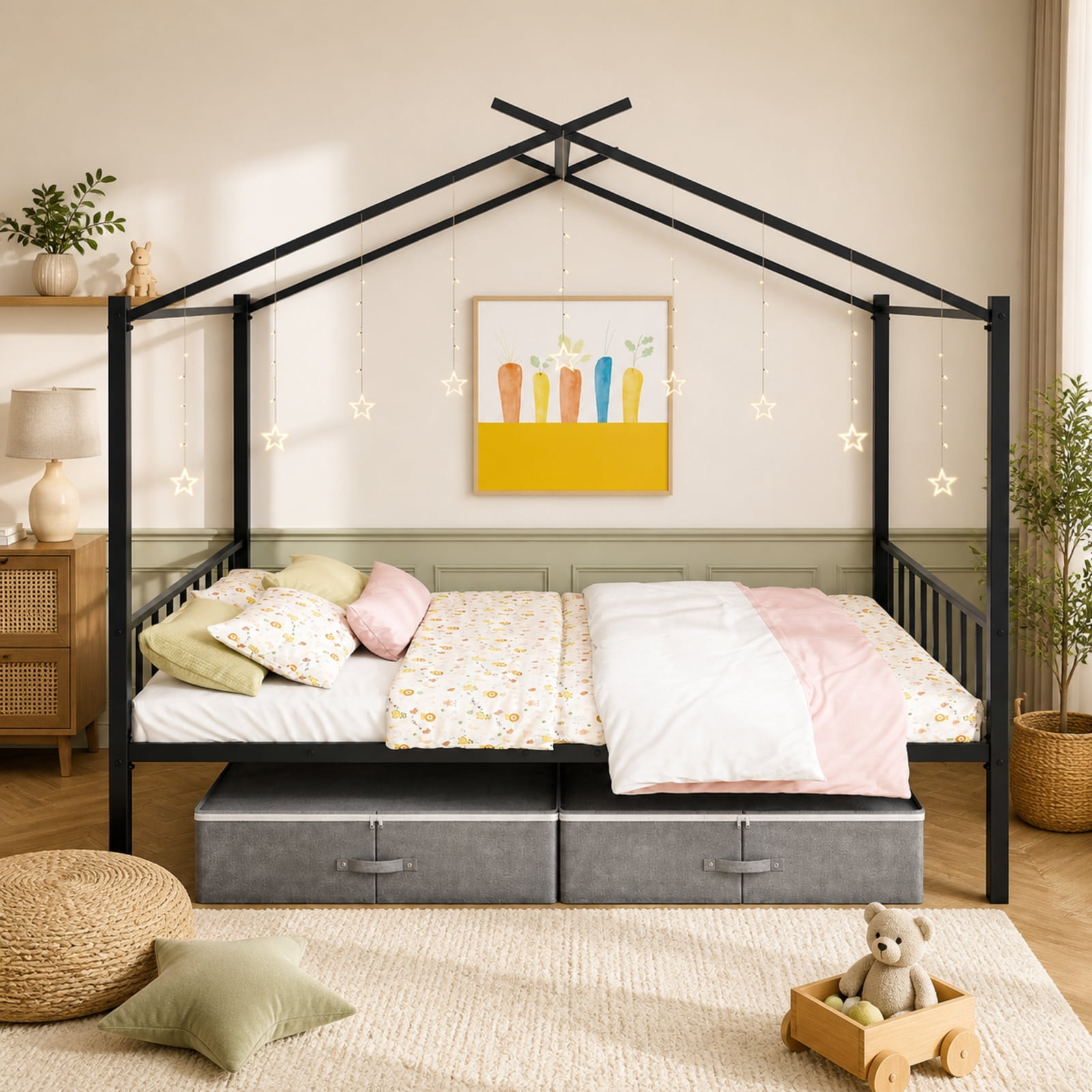 Furnibear Full Metal House Bed with 2 Foldable Fabric Drawers 12 Heavy Duty Slats 660 lbs Capacity Noise Free Foam and Anti Slip Foot Pads, Black