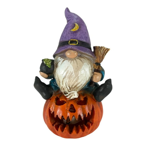 Halloween Gnomes Sitting on Jack-O-Lantern Pumpkin Figurine Lights Up 5.9 Inches Tall