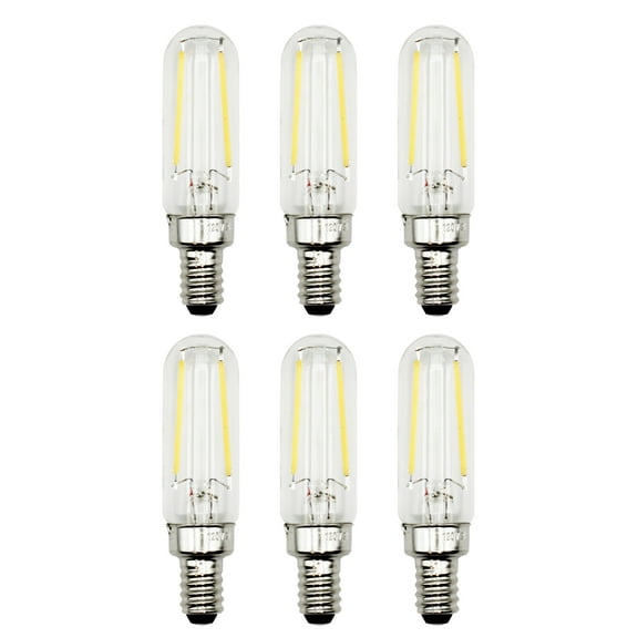 6 Pack of T6 LED Tubular Bulbs, 2W 120V, E12 Candelabra Base, Clear Glass Filament, 25W Equivalent - Great for Chandeliers, Signs & Display Cases
