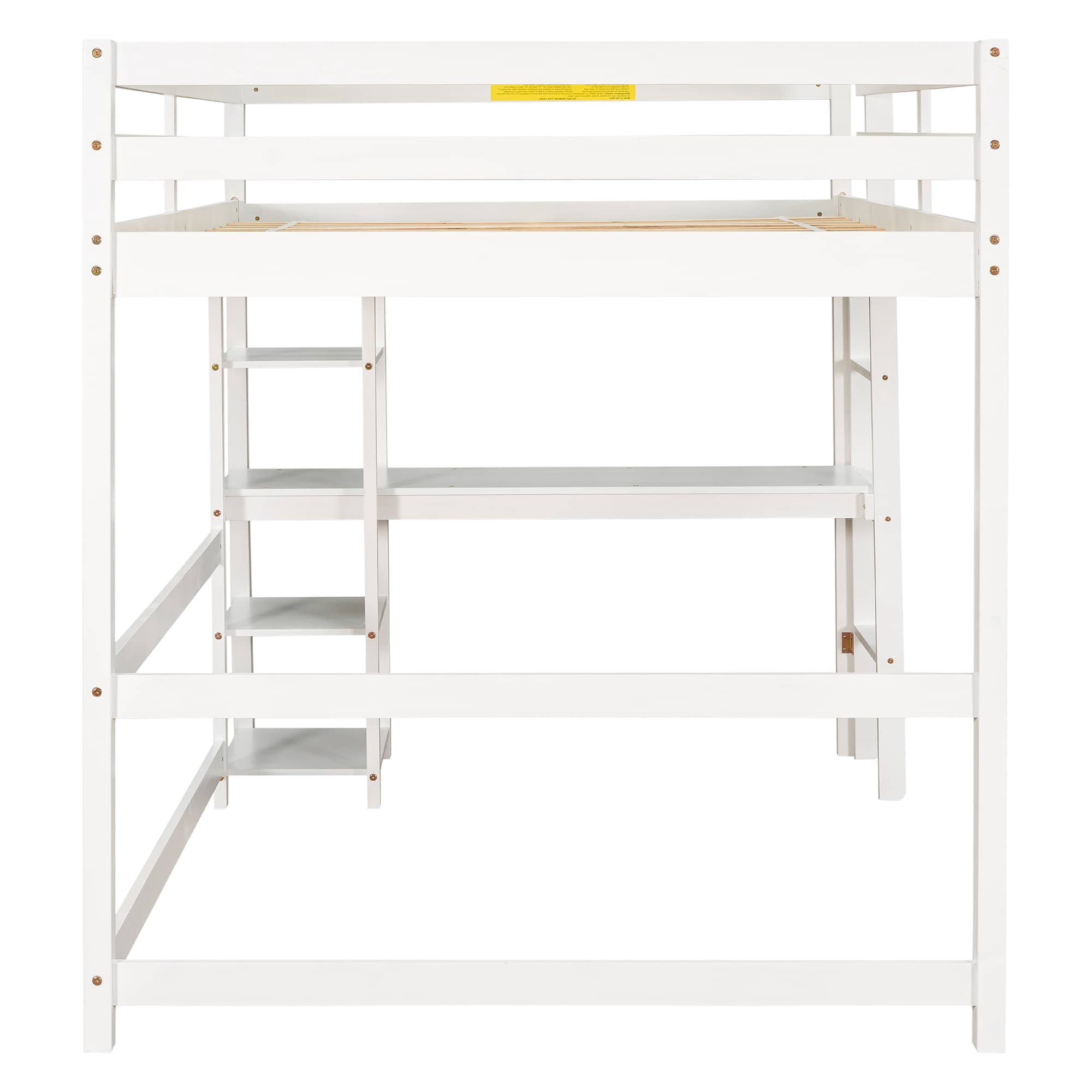 MAYEERTY Full Loft Bed with Desk, Shelves and Ladder, White