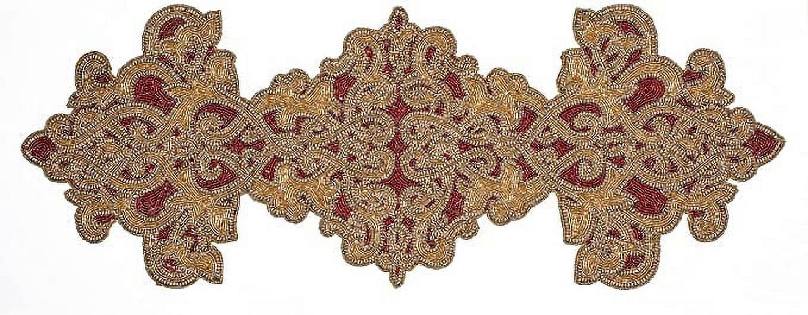GFI LINEN CLUBS Hand Made Beaded Table Runner / Home Decor Mat in Gold & Red Colour, 13 x 36 Inches, Pack of 1, Produced by Village Artisans in India