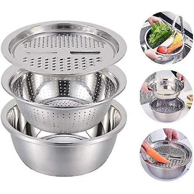 Cuenco multifuncional de acero inoxidable, juego de colador de acero inoxidable, 3 piezas, colador de cocina, multifuncional, grande, de malla fina, cesta de acero inoxidable,