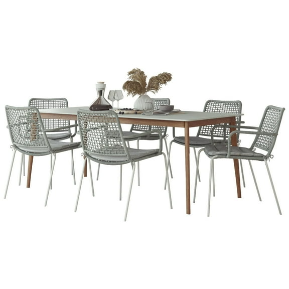 Amazonia Swansea 9-Piece Patio Rectangular Dining Table Set | Eucalyptus Wood | Ideal for Outdoors and Indoors, Grey Cushions