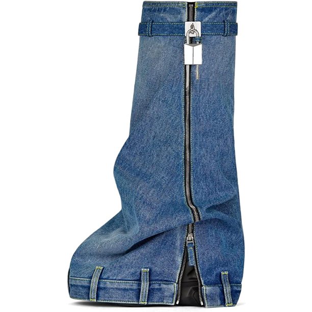 THE SHY Women's Fold Over Knee High Boots Platform Heel Padlock Boot with Zipper Denim Jeans