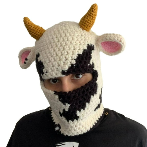 ZPAQI Knit Balaclava Cap Adult Prank Beanie Hat Cow Headcover Facecover Hat