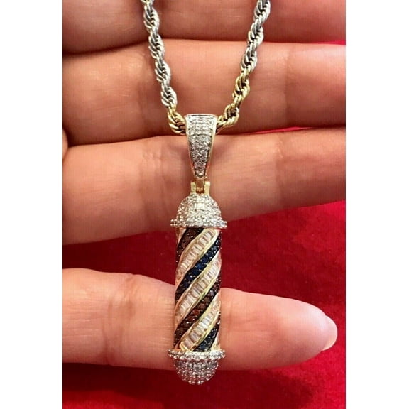 Silver & Stone Jewels King Barber Shop Pole Round Cut Cubic Zirconia Pendant 14K Yellow Gold Finish