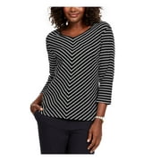 KAREN SCOTT Womens Black Striped 3/4 Sleeve V Neck Top Petites Size: PM