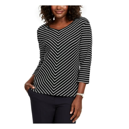 KAREN SCOTT Womens Black Striped 3/4 Sleeve V Neck Top Petites Size: PM