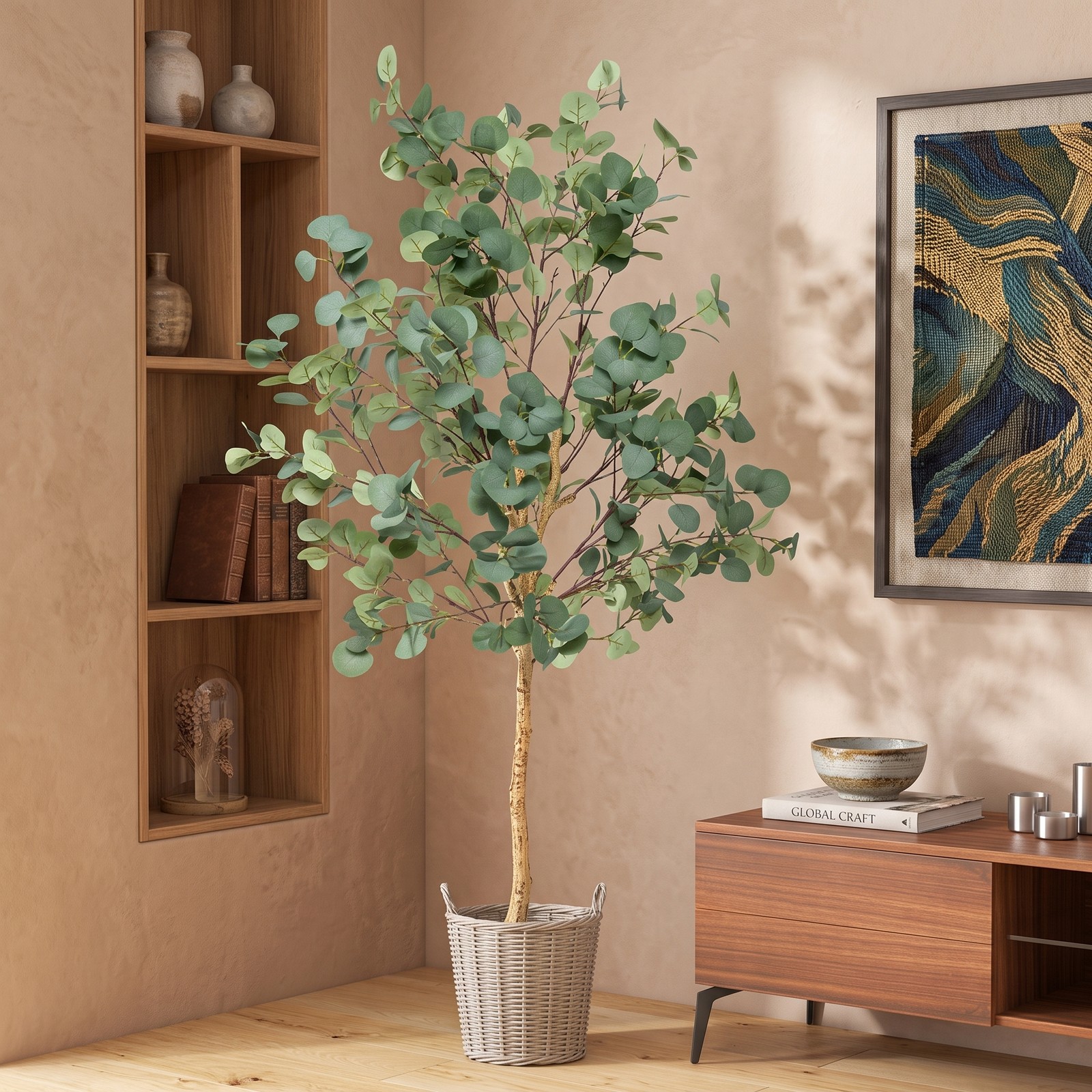 ALPULON 5.5 FT Artificial Eucalyptus Tree Set of 2, Faux Silver Dollar Tree with 517 Leaves and Cement Pot, Tall Fake Plant for Indoor Home Office Living Room, Green