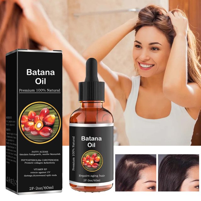 teissuly 60ml batana oil for hair growth natural organic batana oil for hair loss vitamin hair care promotes hair wellness for men & women enhances hair & skin radiance paraben free hair essence — Vista frontal de frasco ámbar con cuentagotas de 60 ml etiquetado «Batana Oil» y caja negra a la izquierda con ilustración de fruto; frasco al centro, mujer sonriente acomodando su cabello frente a espejo desenfocado, recuadro inferior derecho con primeros planos antes y después del cuero cabelludo; aceite marrón visible. También suele usarse para masajes capilares y puntas secas.