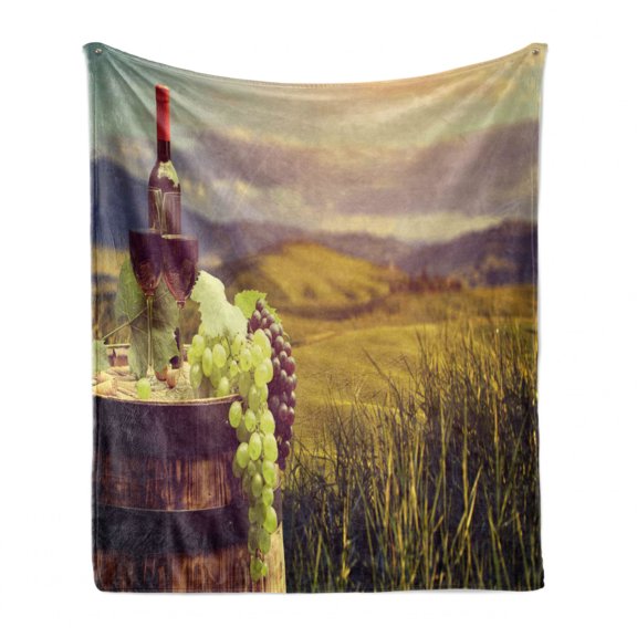 Wine Soft Flannel Fleece Blanket, Italy Tuscany Landscape Rural Vineyard Autumn Harvest Grapes Drink Viticulture, Cozy Plush for Indoor and Outdoor Use, 50" x 60", Green Black Brown, by Ambesonne