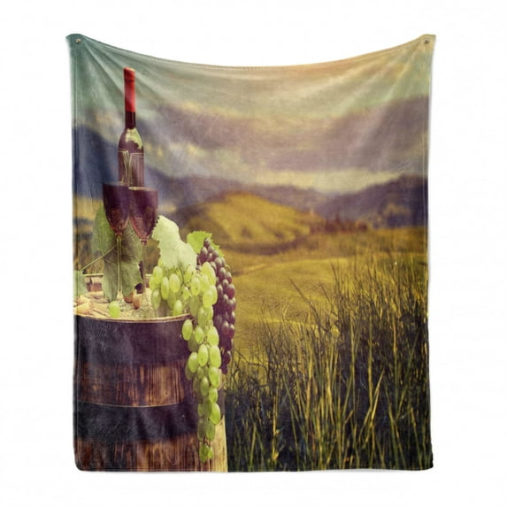 Wine Soft Flannel Fleece Blanket, Italy Tuscany Landscape Rural Vineyard Autumn Harvest Grapes Drink Viticulture, Cozy Plush for Indoor and Outdoor Use, 60" x 80", Green Black Brown, by Ambesonne