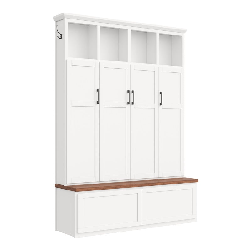 Modern Farmhouse Hall Tree with Bench and Storage Cabinets, Entryway Coat Rack with 6 Hooks, 4 Hidden Cabinets, Drawers and Open Shelves, Mudroom Organizer for Hallway, Living Room