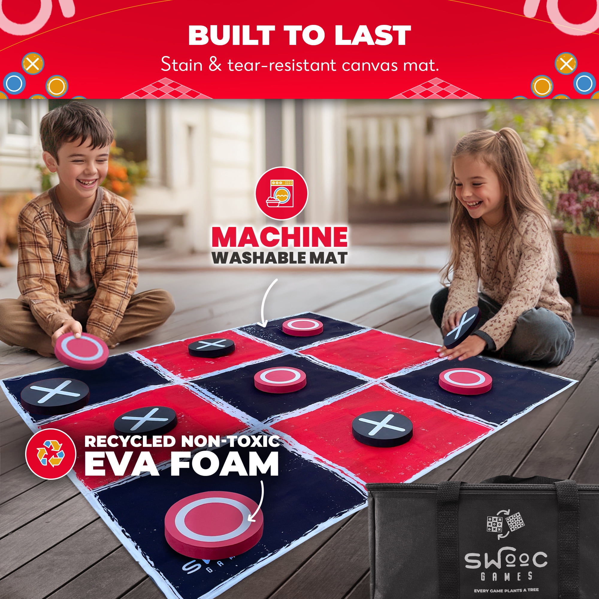 Swooc Games® - 2-in-1 Giant Vintage Checkers & Tic Tac Toe Game W/ Mat (3ft x 3ft) - 100% Machine-Washable Canvas - Giant Outdoor Games & Activities - Giant Games - Giant Board Game - Oversized Game