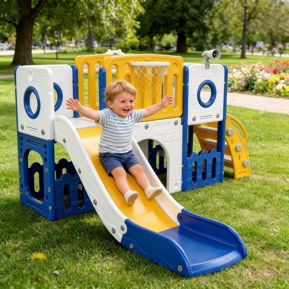 TLSUNNY 9-in-1 Toddler Slide Playset, with Enclosed Steps, Basketball Hoop & Storage, Telescope, Tunnel, Indoor Outdoor Climber