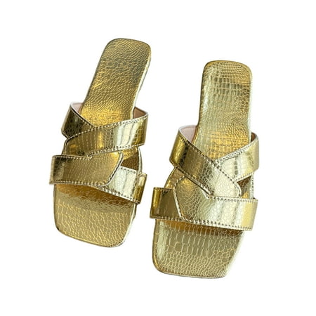 

SIMANLAN Ladies Slides Cross Strap Flat Sandals Beach Sandal Women s Anti Skid Slippers Womens Slip On Slide Golden 6.5