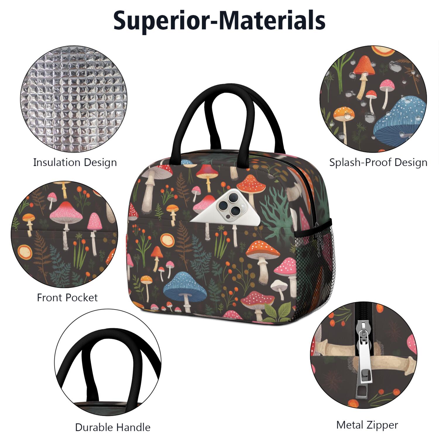 Lunch Bag Women,Lunch Box for Women Adult Men,Small Leakproof Mushroom Lunch Tote Beach Picnic Cooler Tote Bag for Work Office Picnic