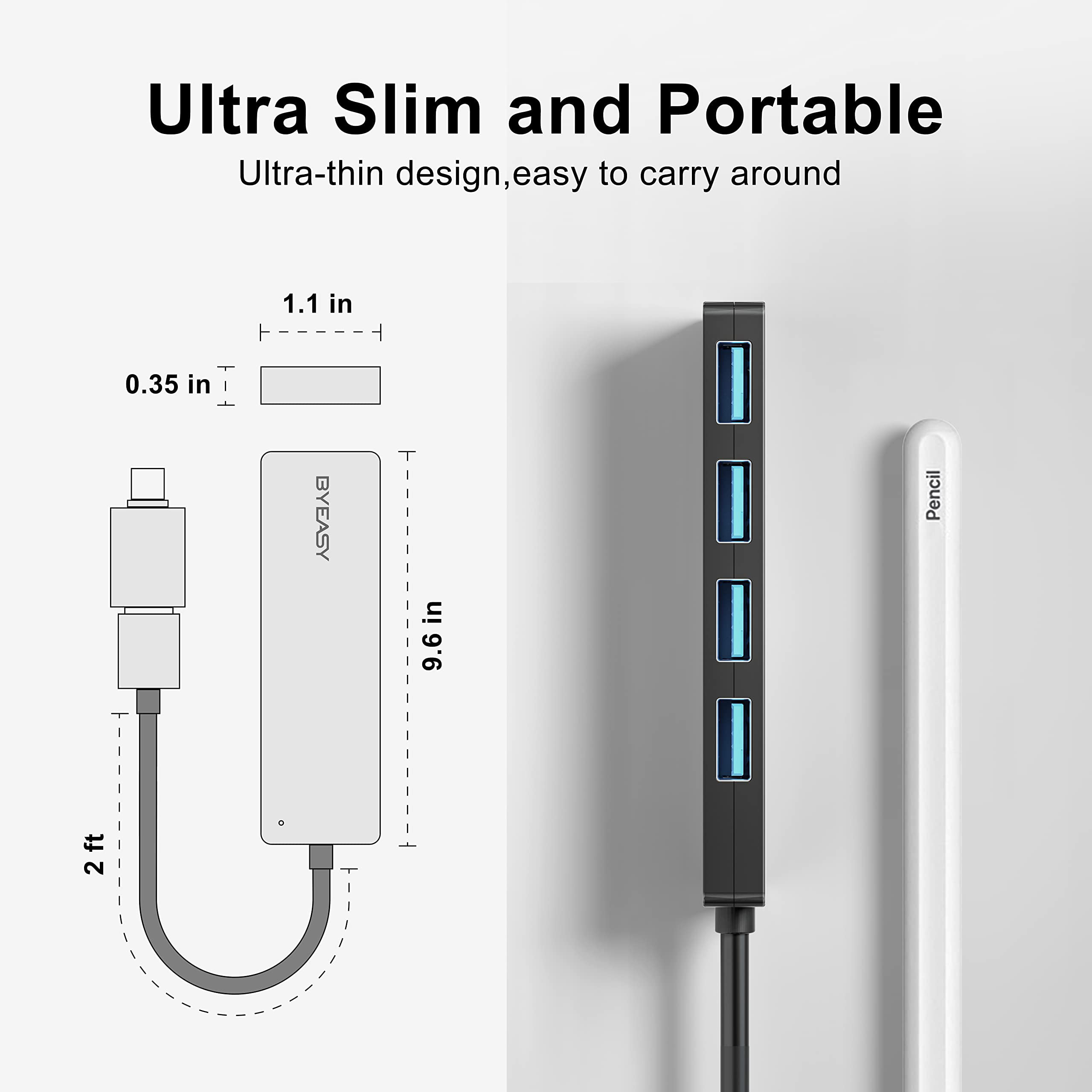 Universal Powered USB Hub, BYEASY Aluminum 3 Ports USB 3.0 Hub and 1 USB  Smart Charging Port with Power Adapter, Slim USB Splitter for iMac Pro