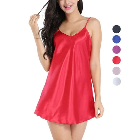 Gustave Sexy Silk Chemise Nightgowns for Women V Neck Satin Lingerie Pajamas Mini Nightdress Slip Sleep Dress Spaghetti Strap Sleepwear  Red  M
