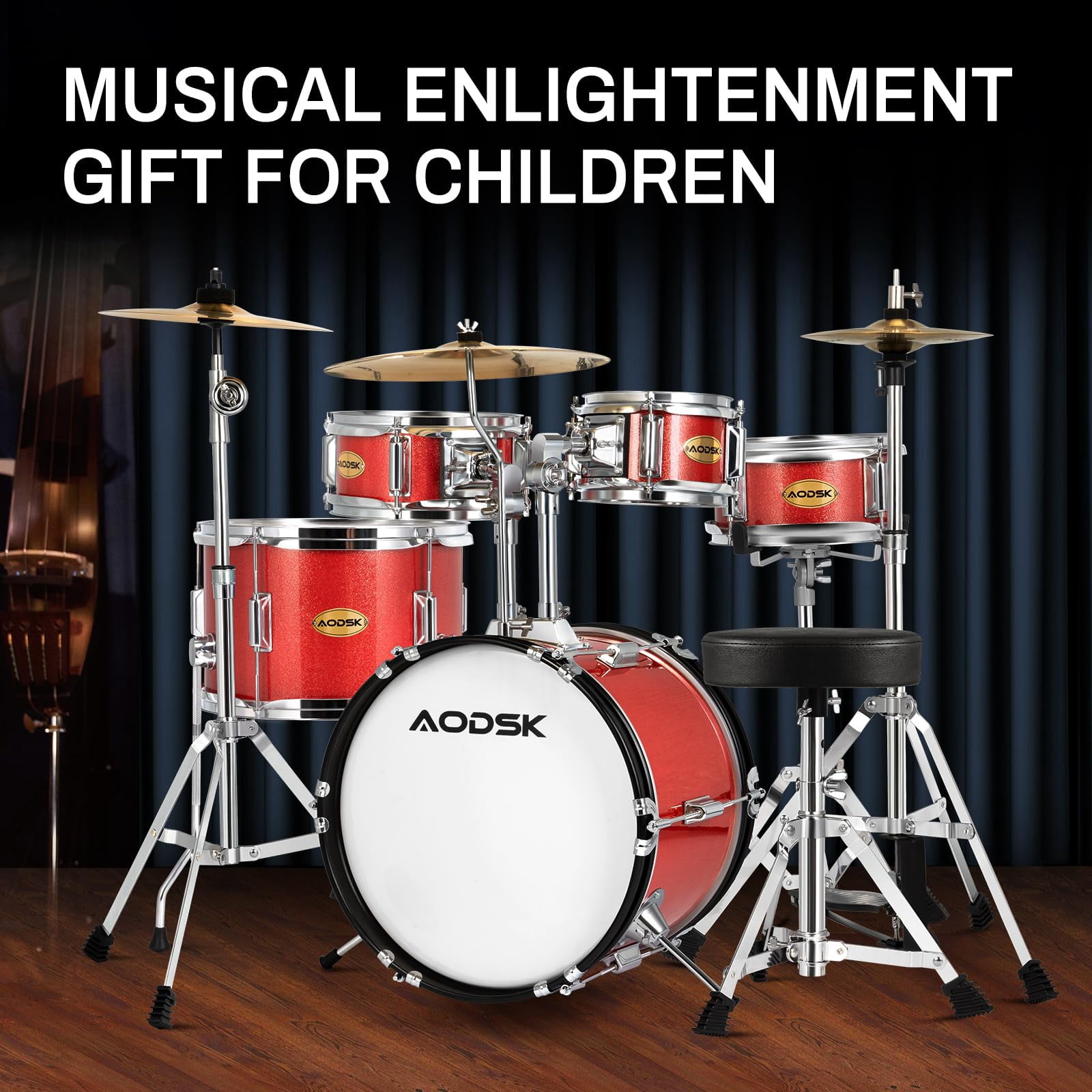 AODSK 5-Piece Junior Drum Set, a Complete Kit for Kids with Bass Drum, Tom-Tom, Snare, Cymbals, Hi-Tone Drum, Sticks, Base Pedal and Stool, Beginner Set, Gift for Boys & Girls