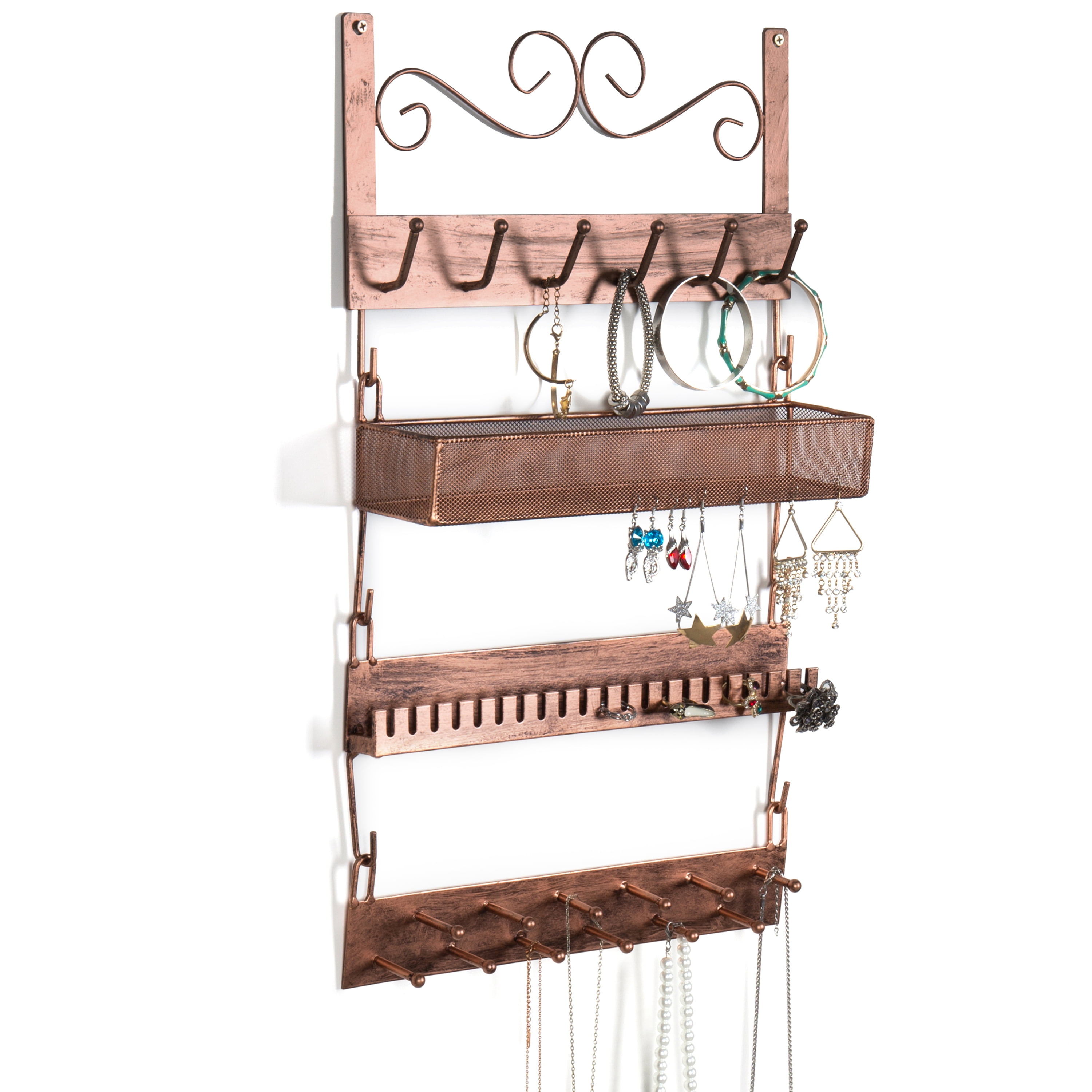 MyGift Bronze Metal WallMounted 4Tier Jewelry Rack, 18 Hook