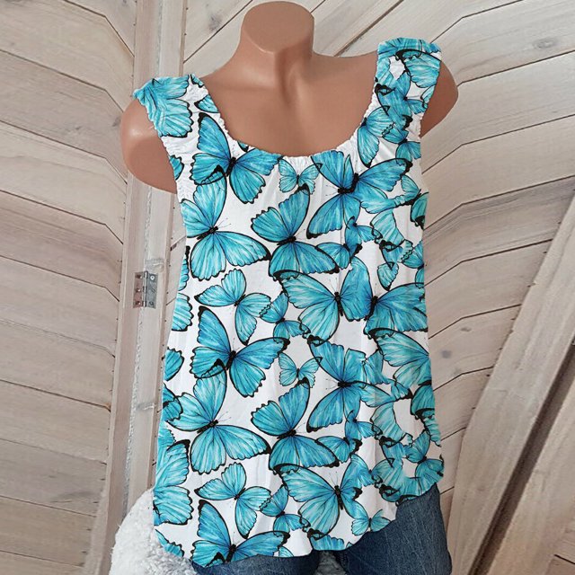 ICHUANYI Clearance Women Casual Sleeveless Crewneck Print Blouse Pullover Tank Tops Shirt(Blue, XL) ICHUANYI WER2023080916191