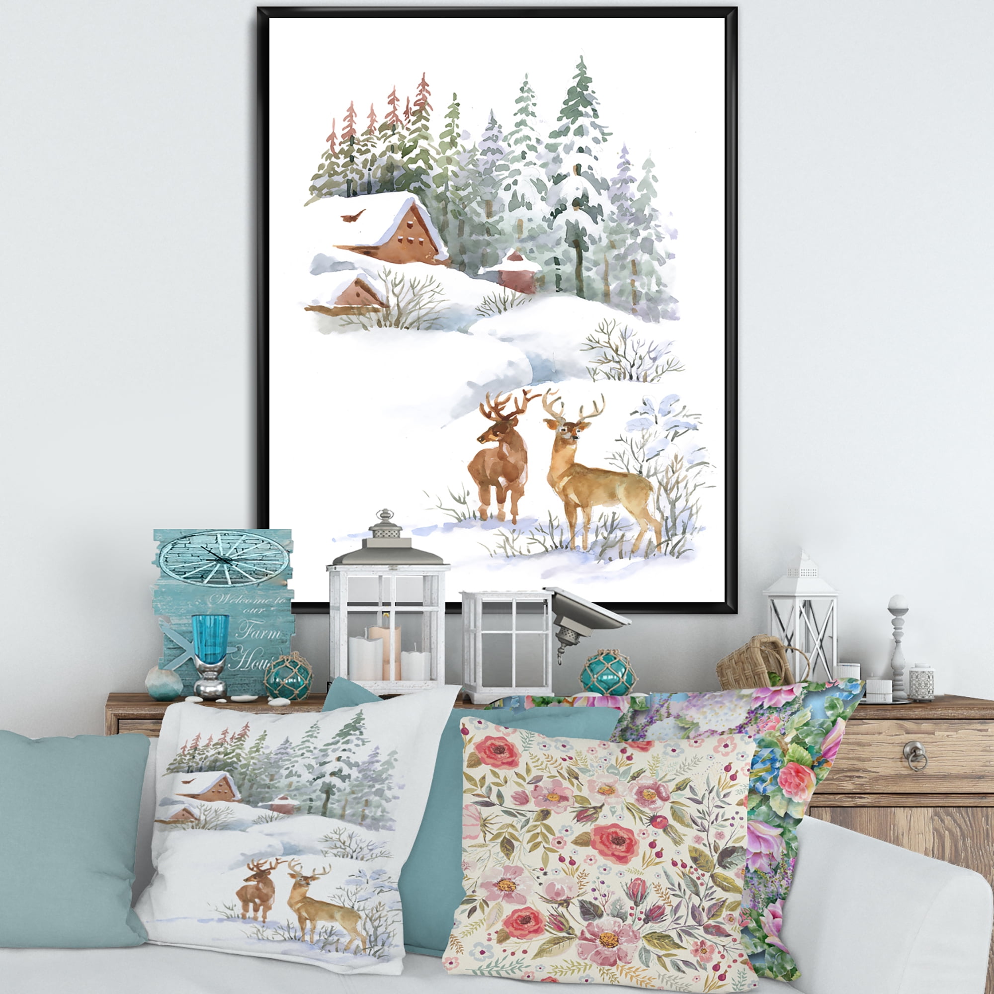 Designart 'Two Deers With Winter Cottage' Farmhouse Framed Canvas Wall Art Print