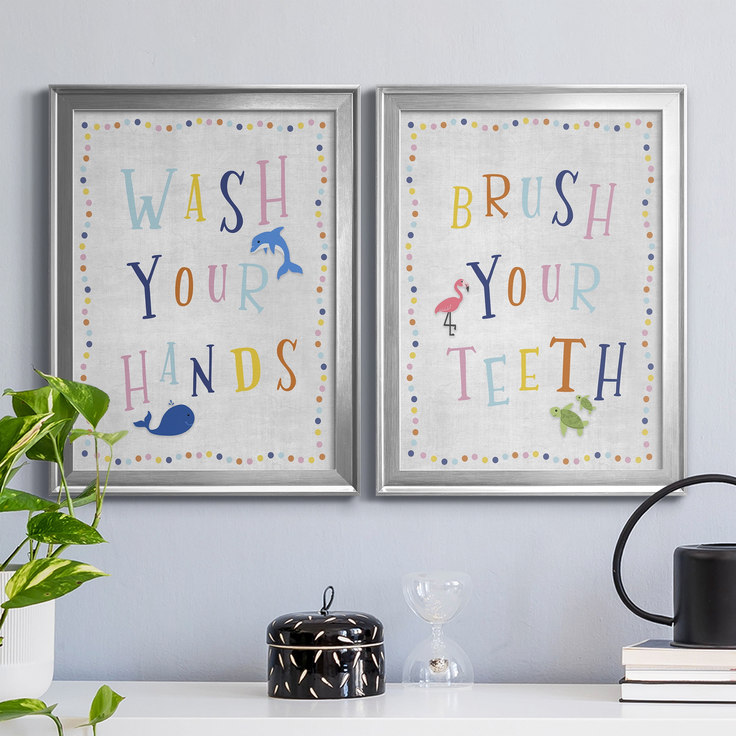2 Piece Set Wash Your Hands Premium Framed Canvas - Ready to Hang - 18.5 x 24.5 Each - Silver Frame