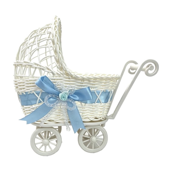 YingYouFu Mini Wicker Stroller Decoration, Rattan Doll Carriage Woven Candy Basket Centerpiece Decor for Weddings Showers, Decorative Flower Girl Cart, Event Centerpiece Decoration