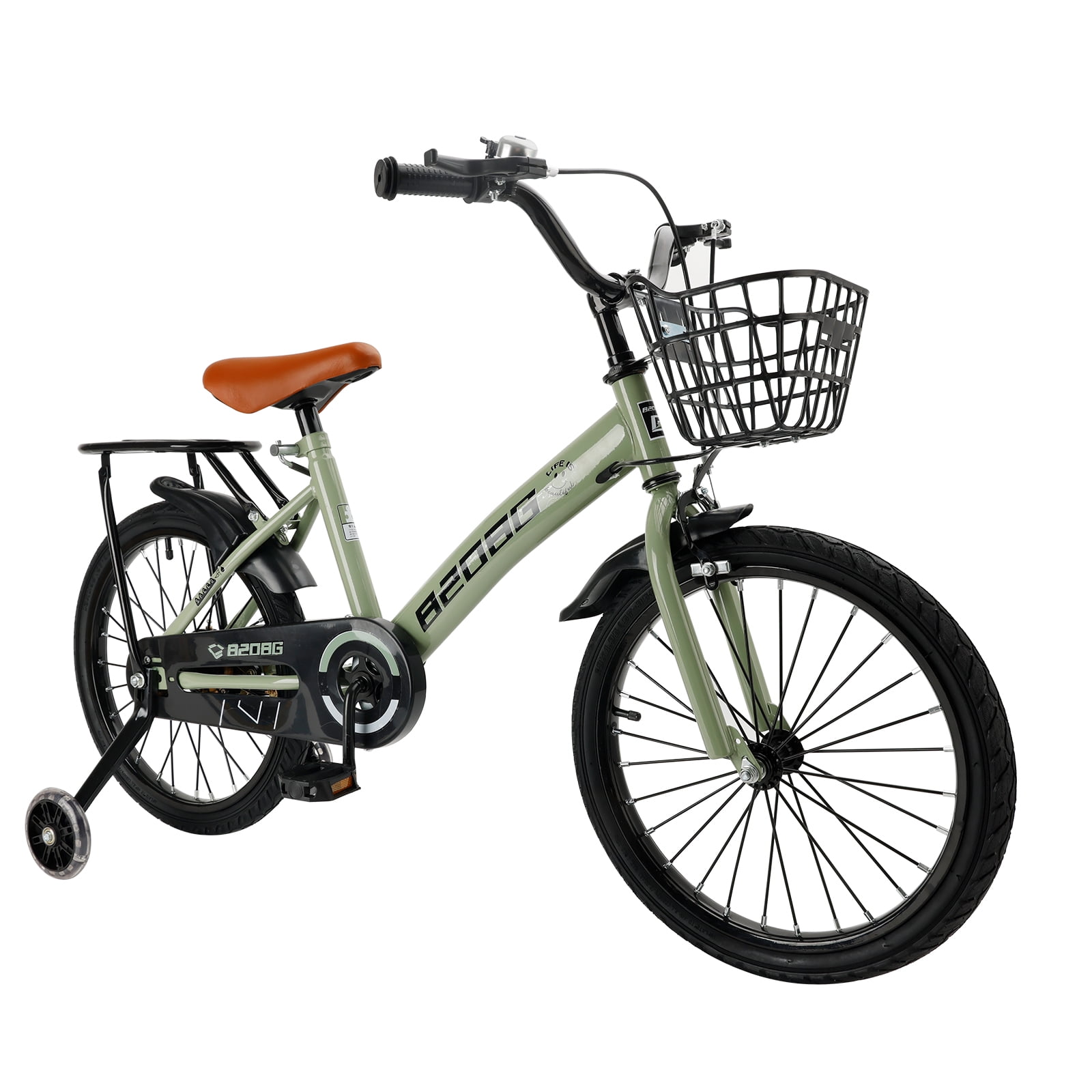 ARTUDATECH Kids Bike, 18 Inch Children Bikes for Boys Girls Age 6-10 Years old with Lighting Training Wheels, Basket, Dual Brake, Kids Bicycle Green